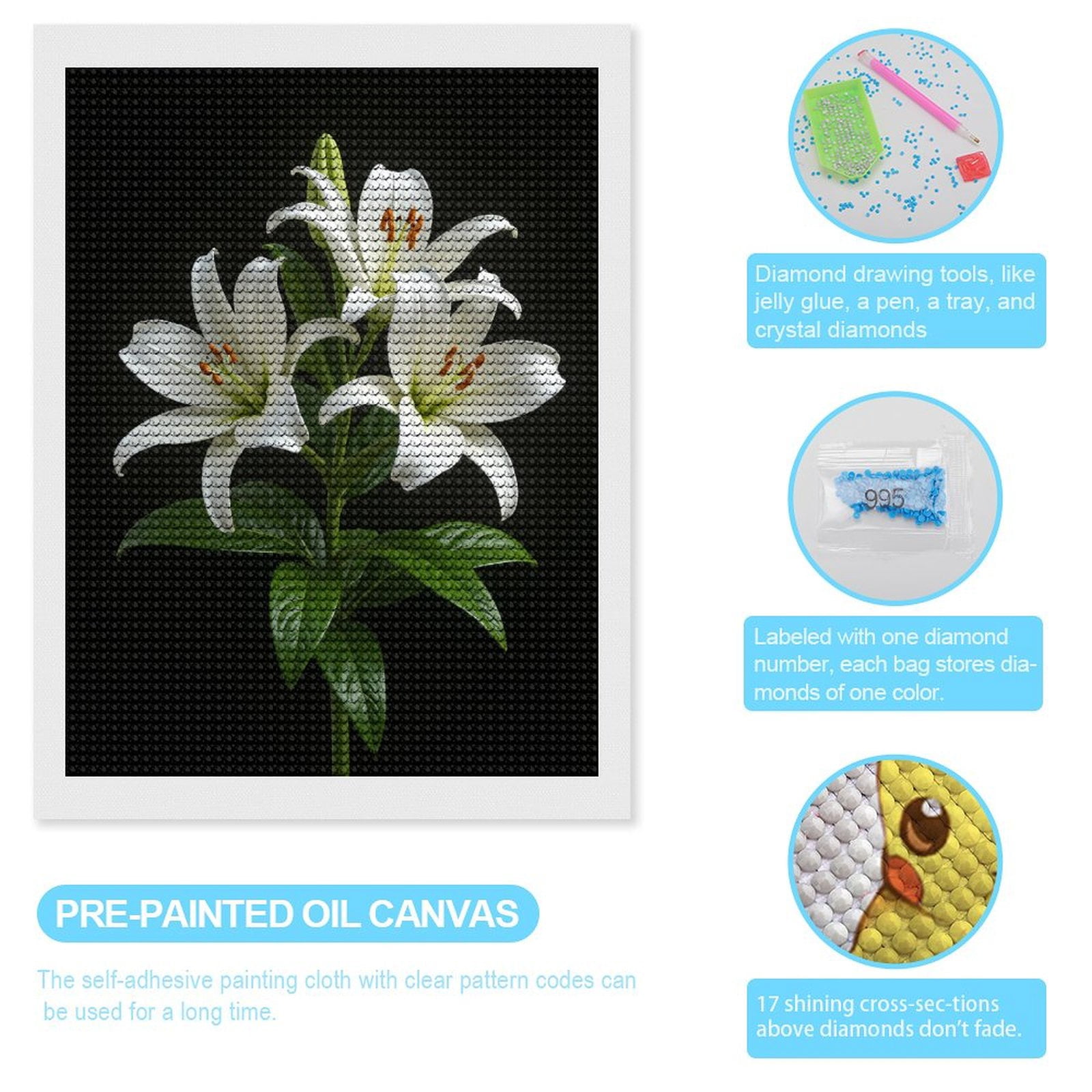 Diamond Art Kits for Adults, White Blossoms Against Black Background 5D Diamond Painting Kits for Adults Beginners, DIY Full Drill Diamond Painting, Gem Art and Crafts 12x16