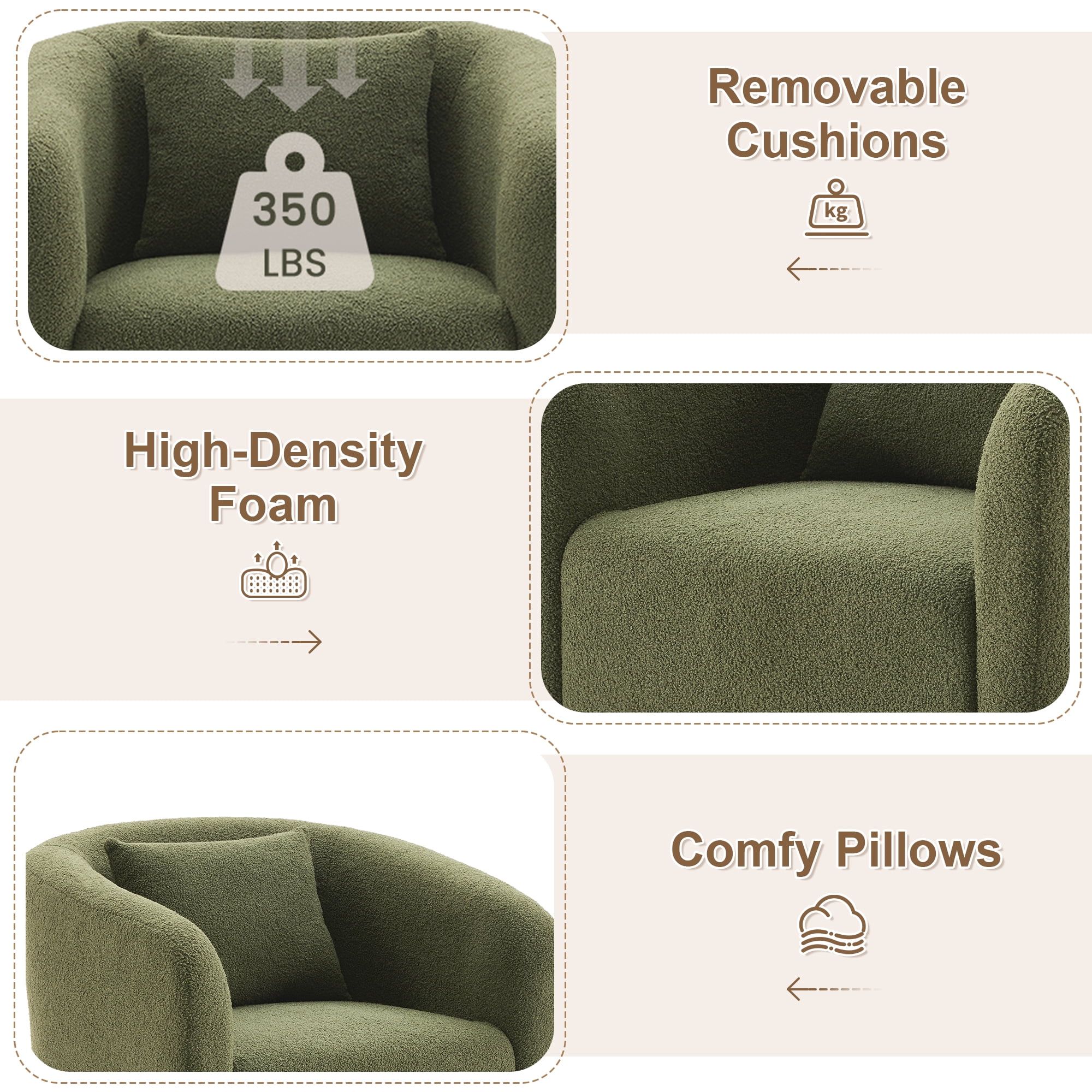 MAYEERTY 31.1" Green Boucle 360° Swivel Barrel Chair,350LBS Wood Frame Accent Chair with Pillow for Living Room Bedroom Office
