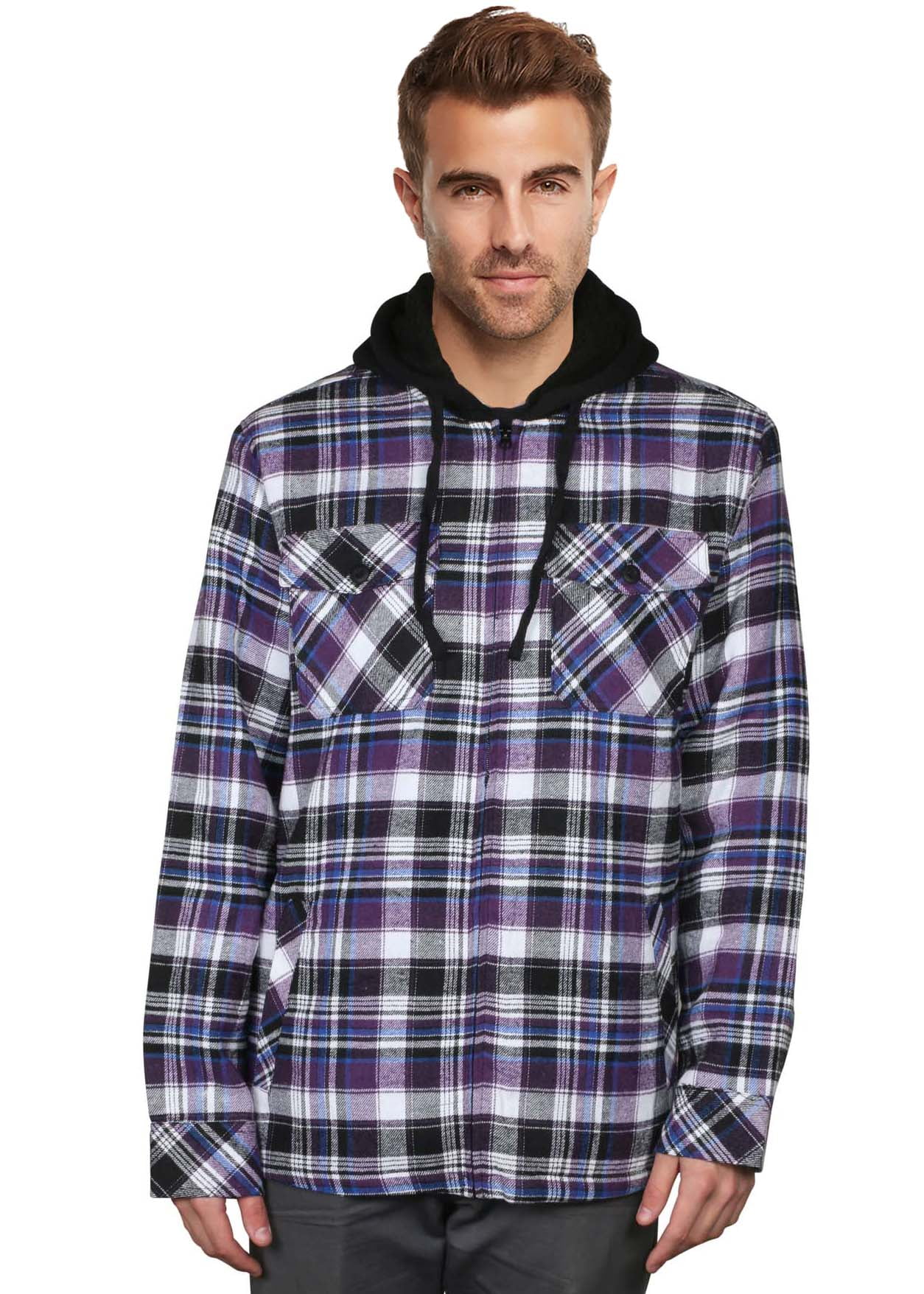 9 Crowns Essentials Sherpa Lined Plaid Flannel Hoodie Jacket Blk