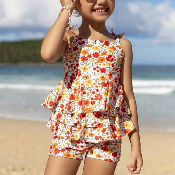 Zylarhe Girls Swimsuit, Cute Girls Swimwear Set for Summer Tankini with Cover Up Skirt – 2 Piece Bathing Suit for Pool Beach 6 Years Orange