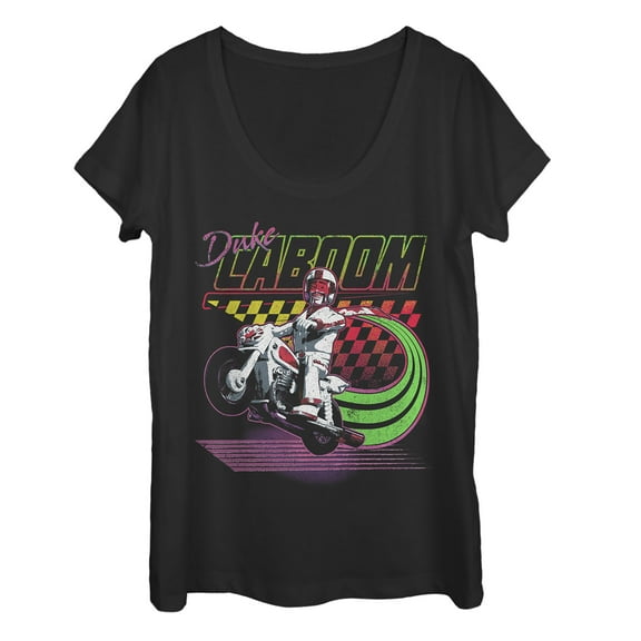 Women's Toy Story Duke Caboom Neon Race  Scoop Neck Black Small