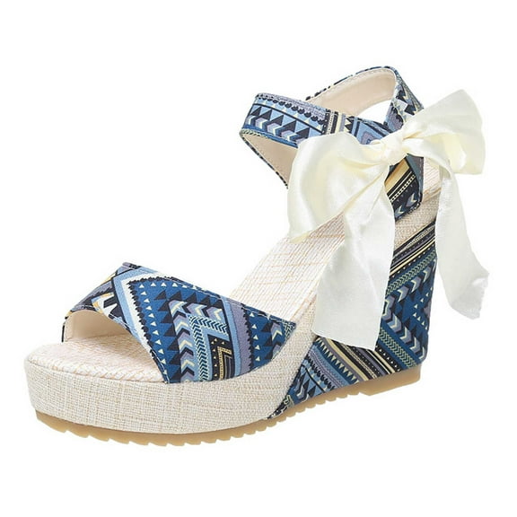 Lovskoo 2024 Women's Boho Wedge Sandals Open Toe Ankle Strap Summer Platform Bow Lace-Up Beach Sandals Blue