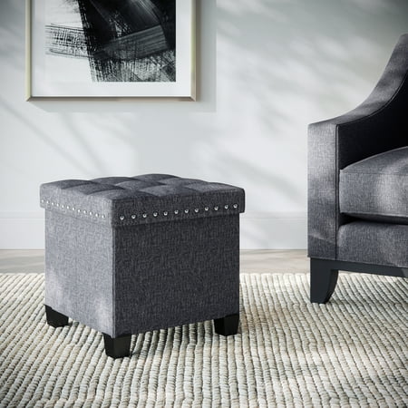 Payton Foldable Storage Ottoman Foot Rest and Seat with Feet, Cube Charcoal Gray Upholstered Fabric, Reclaimed Maple Wood Tray