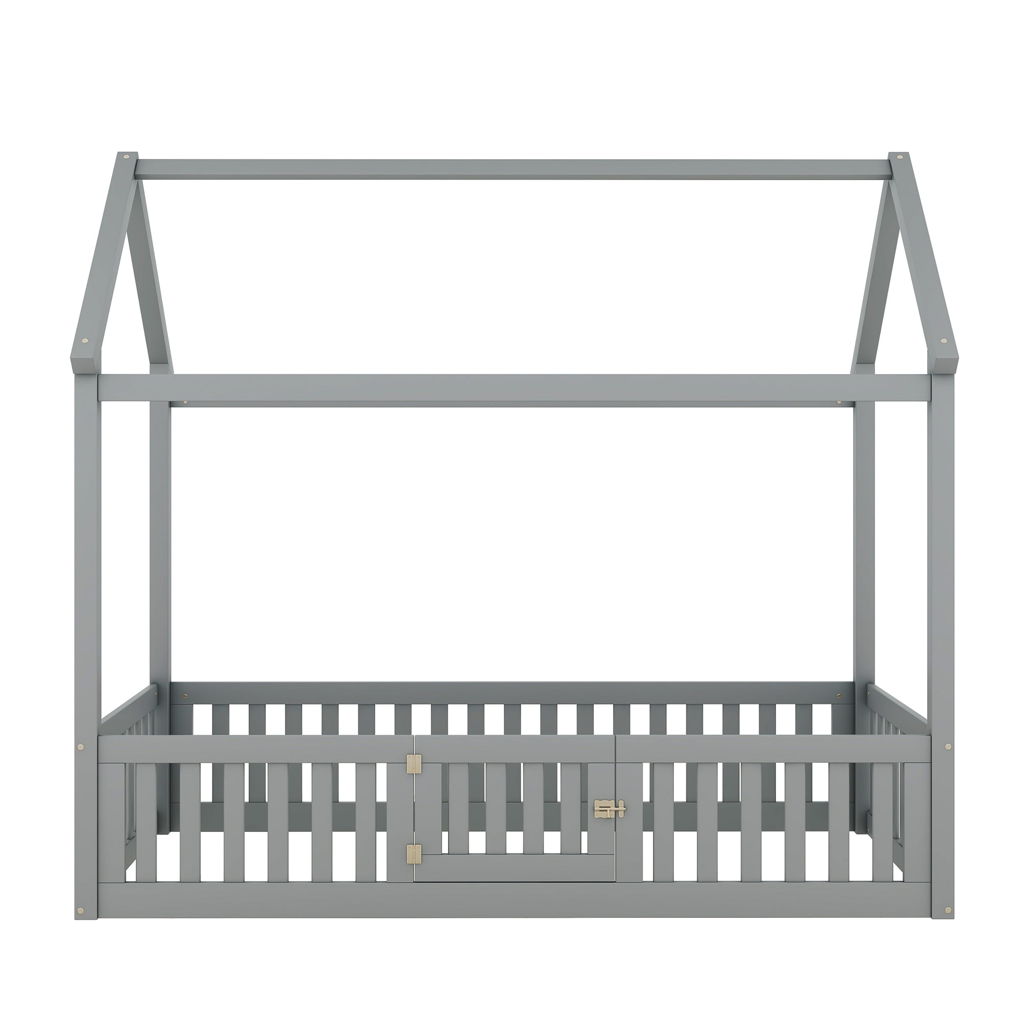 Euroco Twin Size Low House Bed with Fence and Door, Gray