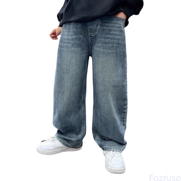 Fozruso Boys Baggy Jeans Straight Wide Leg Jean Kids Elastic Waist Denim Pants with Pocket Trendy School Casual Jeans Sizes 4-5 Years(Blue)
