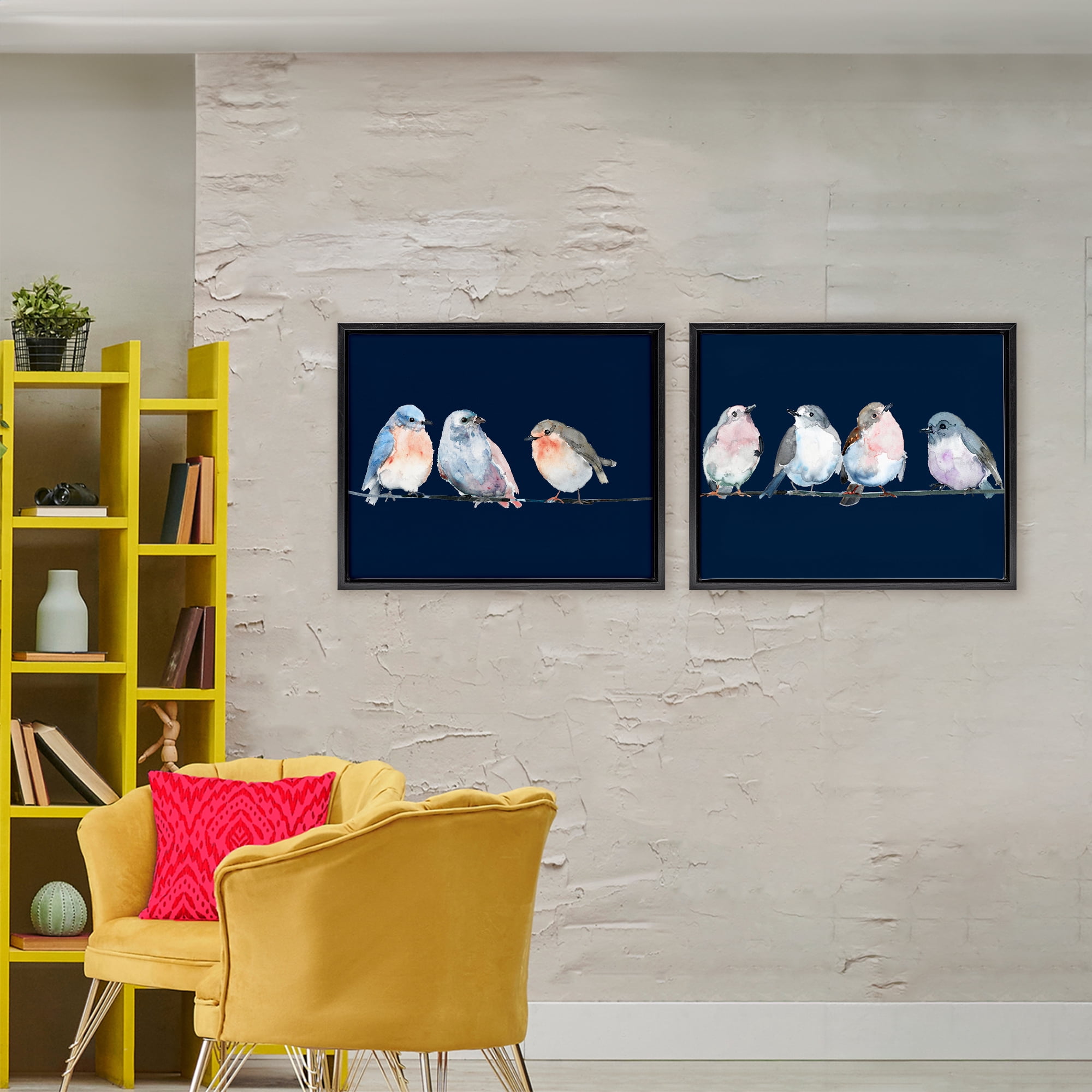 Stupell Industries Perched Navy Toned Birds 2 Piece Black Framed Floater Canvas Set, design by Lorenzo Collective