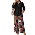 thumbnail image 4 of Two Piece Sets for Women Dressy Lounge Sets Summer Vacation Outfits 3/4 Sleeve V Neck Button Top Leaf Print Wide Leg Pants Set with Pockets, 4 of 4