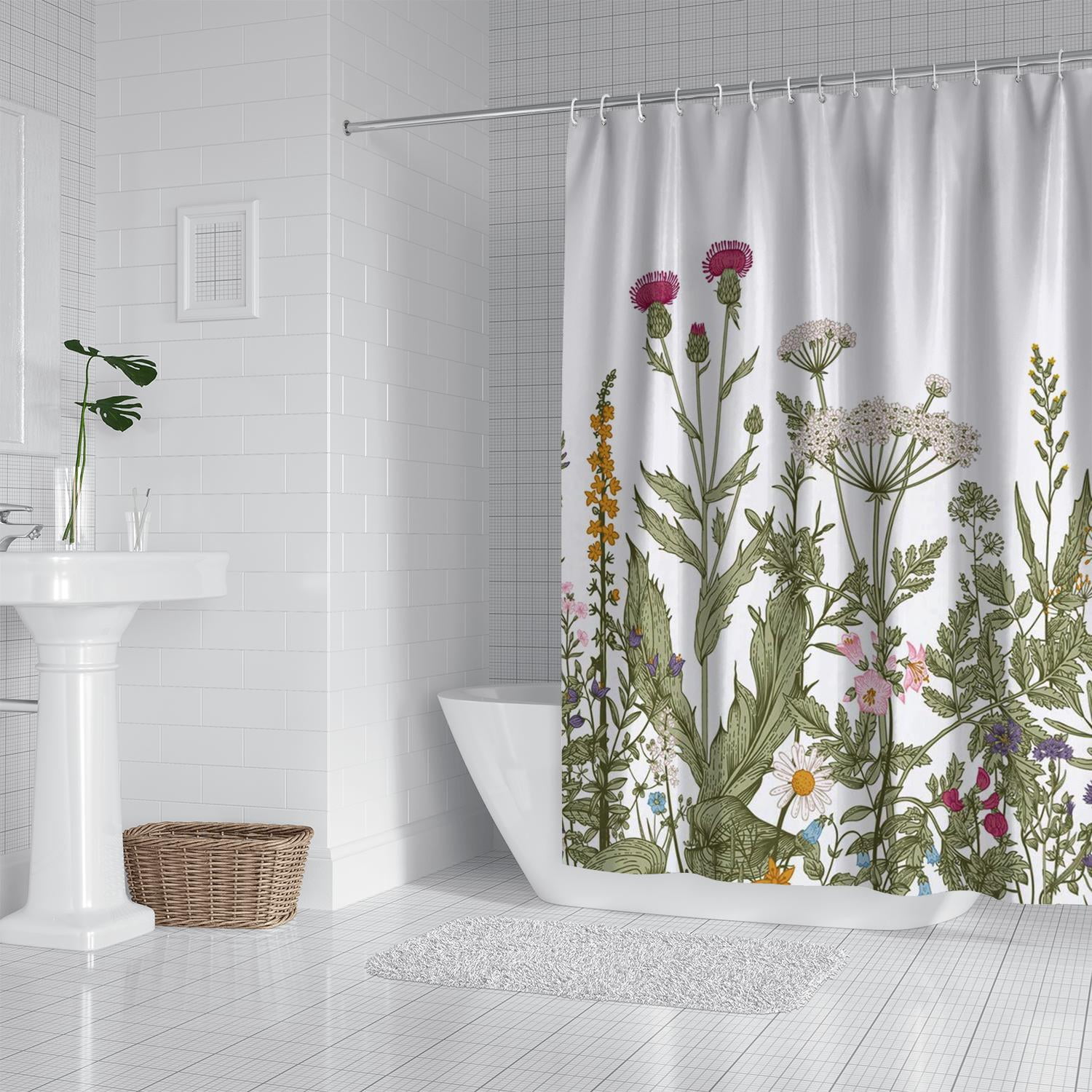 Wildflower Botanical Shower Curtain for Bathroom Decor 72Wx84H Inch Floral Flower Plant Herbs Sage Green Leaves Decorative Bath Set Bathroom Accessories Waterproof 12 Pack Hooks