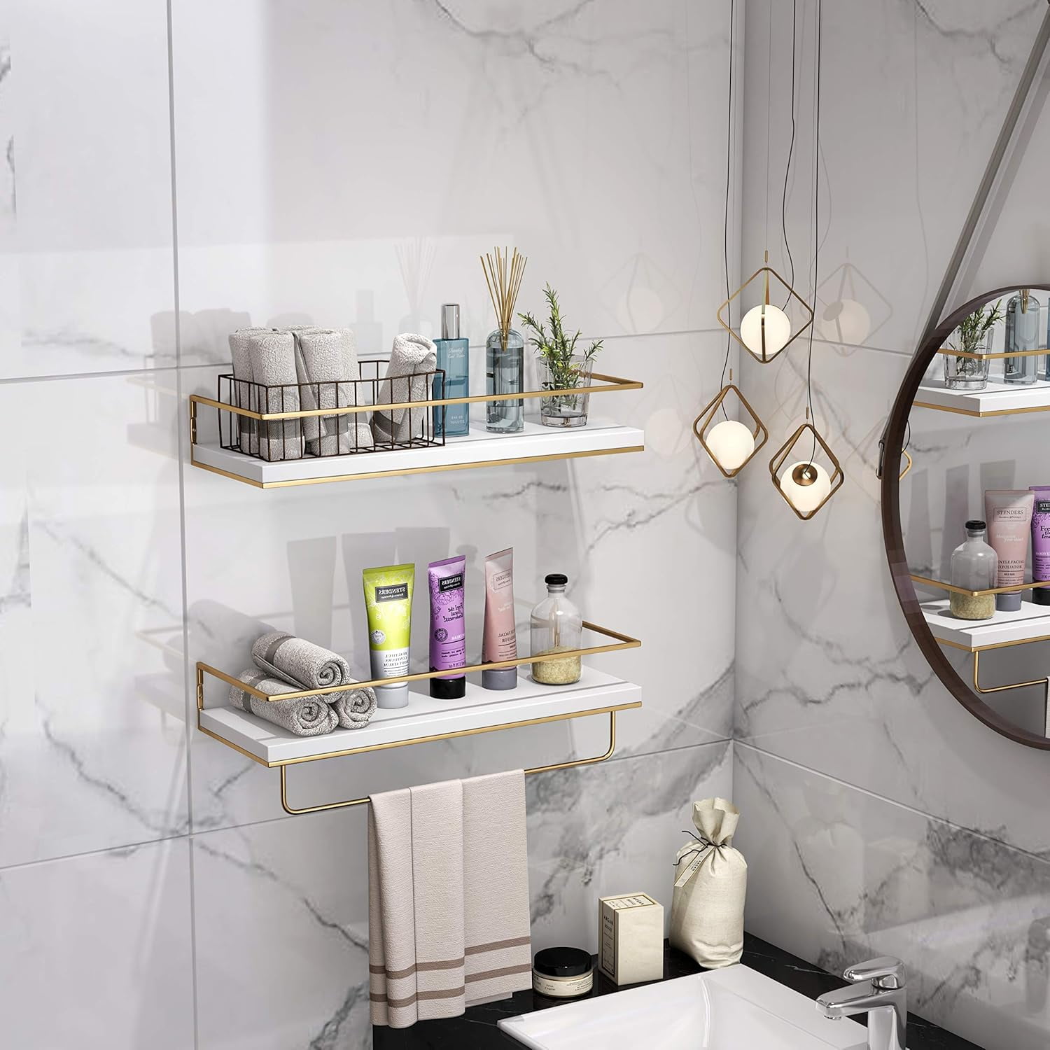 LSFA White Gold Floating Storage Shelves Set of 2 with Towel Rack 15.7 Inch Decorative Wall Shelf