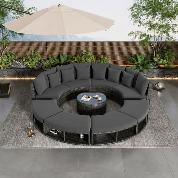 Outdoor Patio Furniture Luxury Circular Outdoor Sofa Set Rattan Wicker Sectional Sofa Lounge Set with Tempered Glass Coffee Table, 6 Pillows, Grey