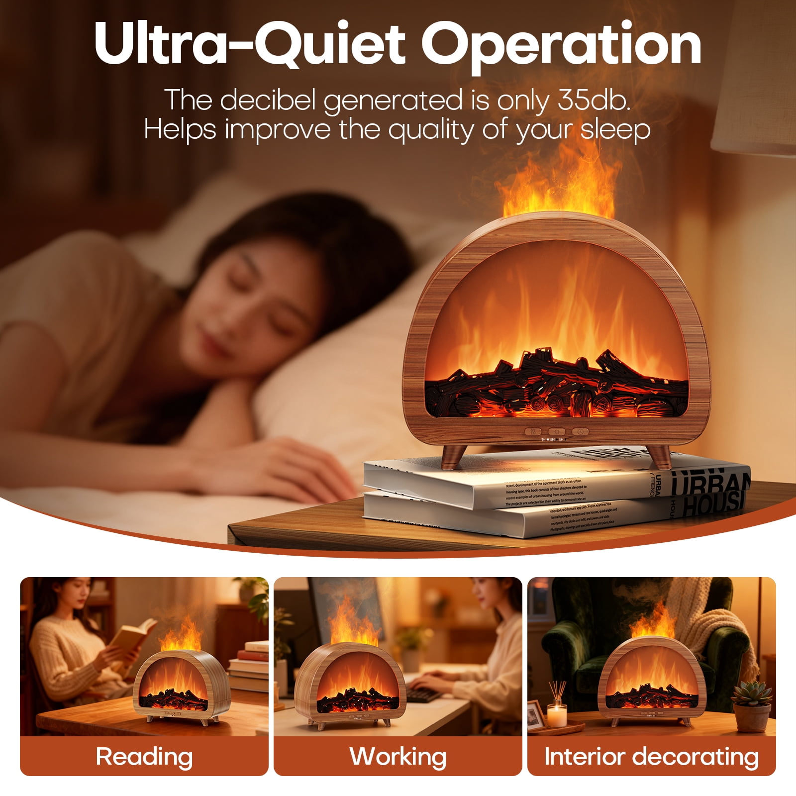 Diffuserlove USB fireplace flame humidifier, an essential oil diffuser with remote control and timer, can be set to turn off, 7 types of lights, suitable for home, bedroom and office