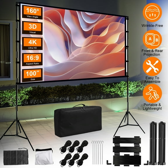 100" Portable Projector Screen with Stand 16:9 4K HD Rear Front Wrinkle-Free Movie Projector Screen with Carry Bag for Home Theater Backyard Movie Night Indoor Outdoor