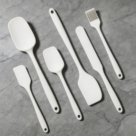 Food grade silicone rubber spatula set, 6-piece kitchen cooking and baking mixing utensil set, high heat resistance non stick dishwasher - white, suitable for kitchen and dining kitchen supplies