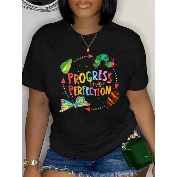 100% Cotton Progress Over Perfection Caterpillar Teacher Back To School T-Shirt Print Round Neck Cotton T-Shirt, Summer Women's Tops, gift