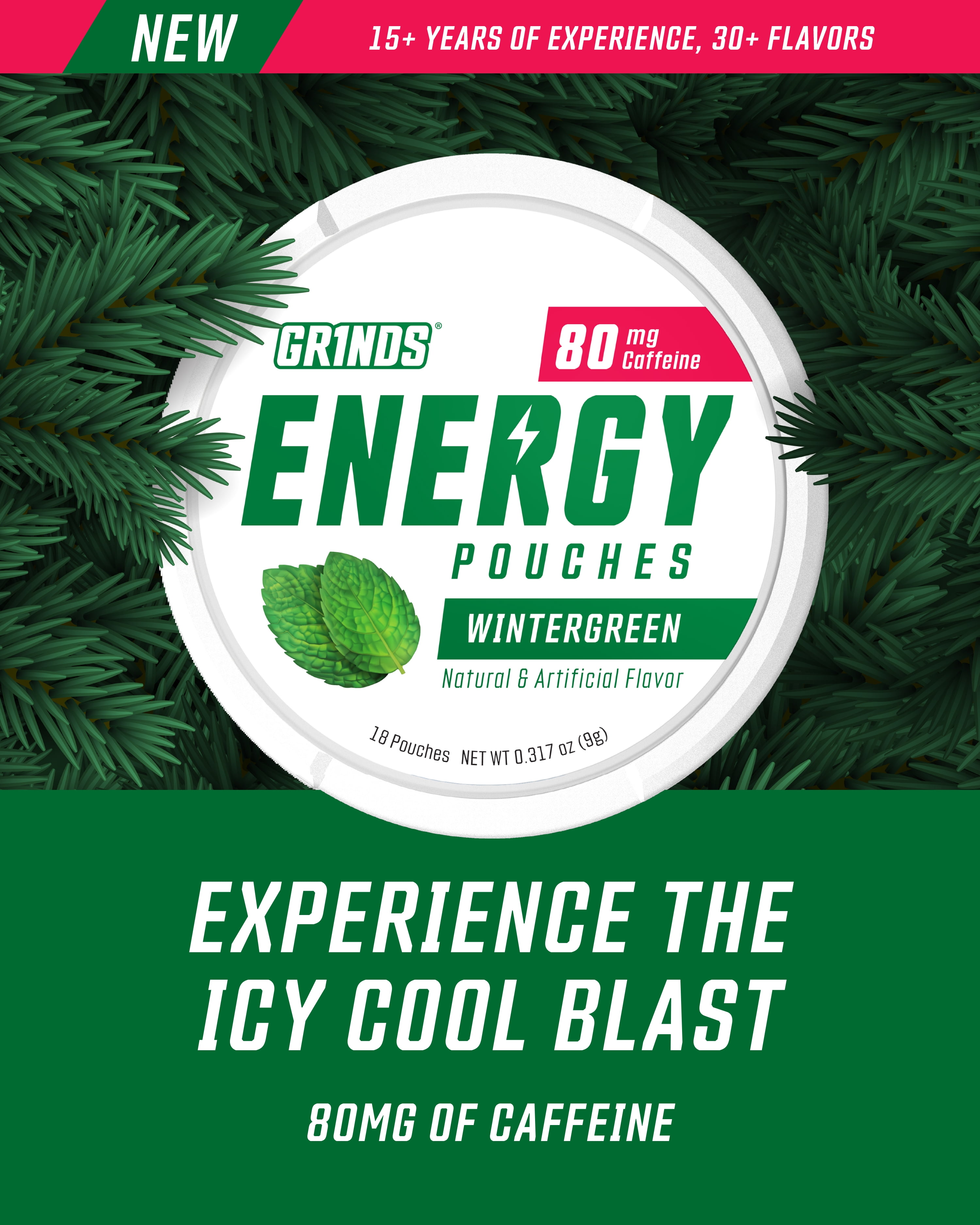 Grinds Energy Pouches, Nicotine-Free, 80mg Caffeine, Wintergreen, 18 Pouches (1 Can)