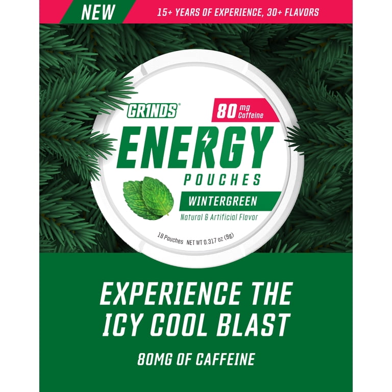 Grinds Energy Pouches, Nicotine-Free, 80mg Caffeine, Wintergreen