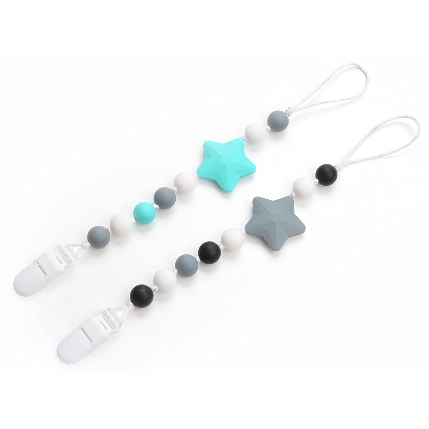 Amerteer 2 Pack Silicone Pacifier Clip, Binky Holder Soothie Teether Teething Beads for Baby Boys or Girls, Birthday Christmas Shower Gift (Turquoise/Grey)