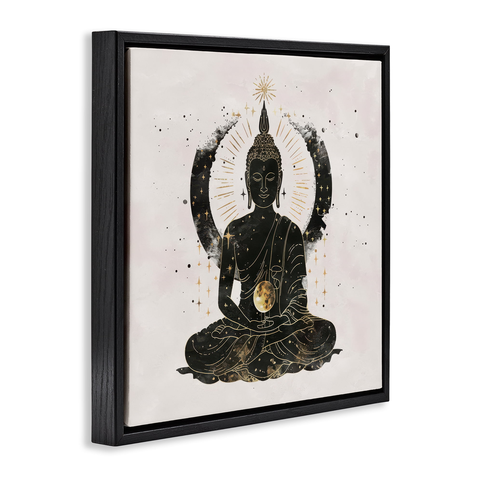 Stupell Industries Sitting Buddha Sun Rays Religious & Spiritual Painting Black Floater Framed Canvas Art Print Wall Art, 18 x 18