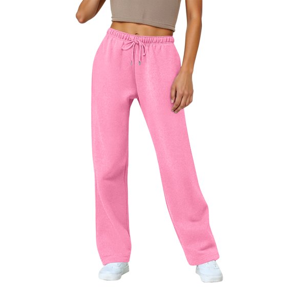 Sweatpants for Women Fleece Lined Drawstring High Waist Baggy Wide Straight Leg Fall Casual Jogger Pants with Side Pockets Pink S