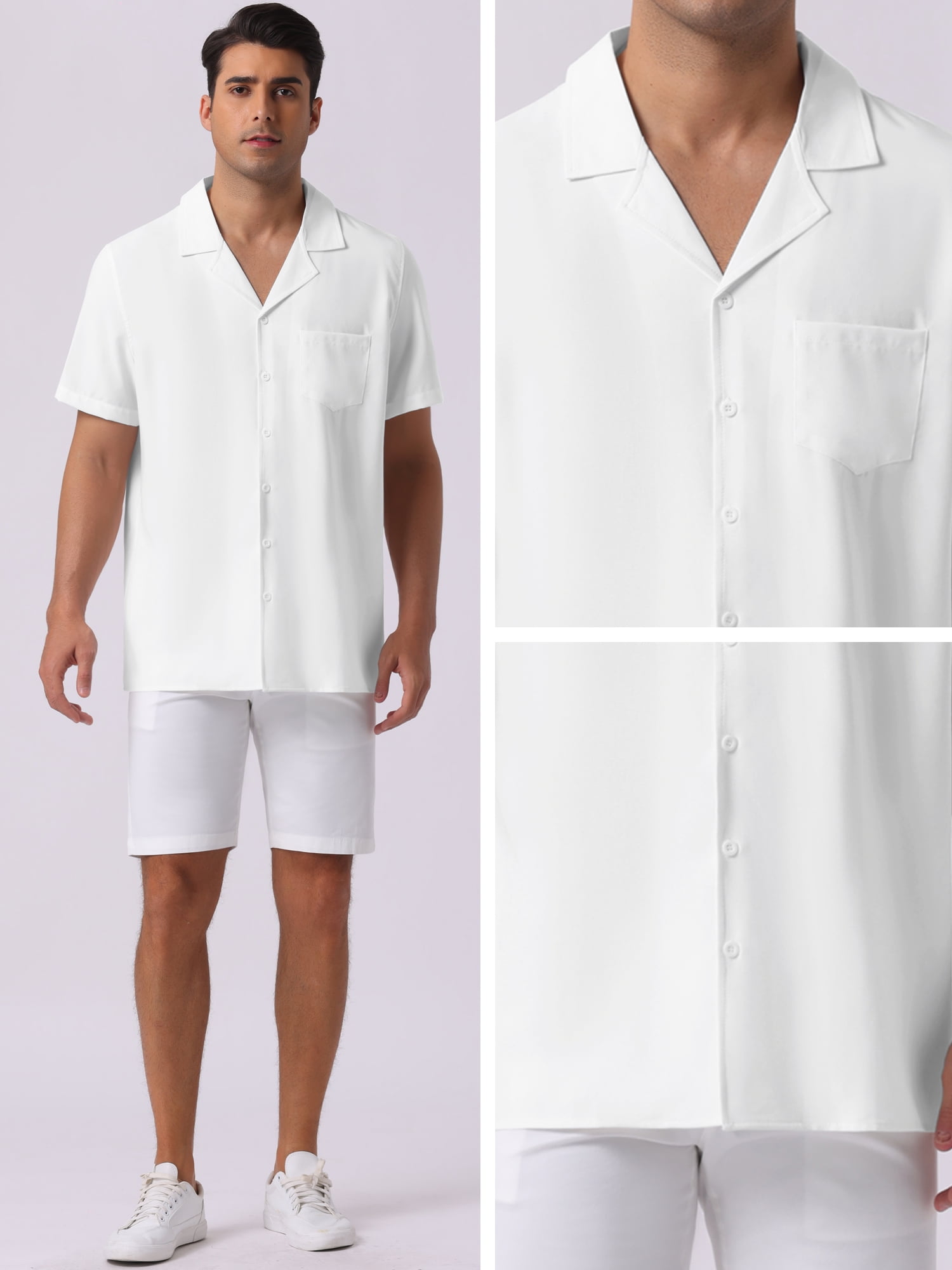 DARING DIVA Men's Linen Camp Collar Short Sleeve Button Down Beach Shirts S White