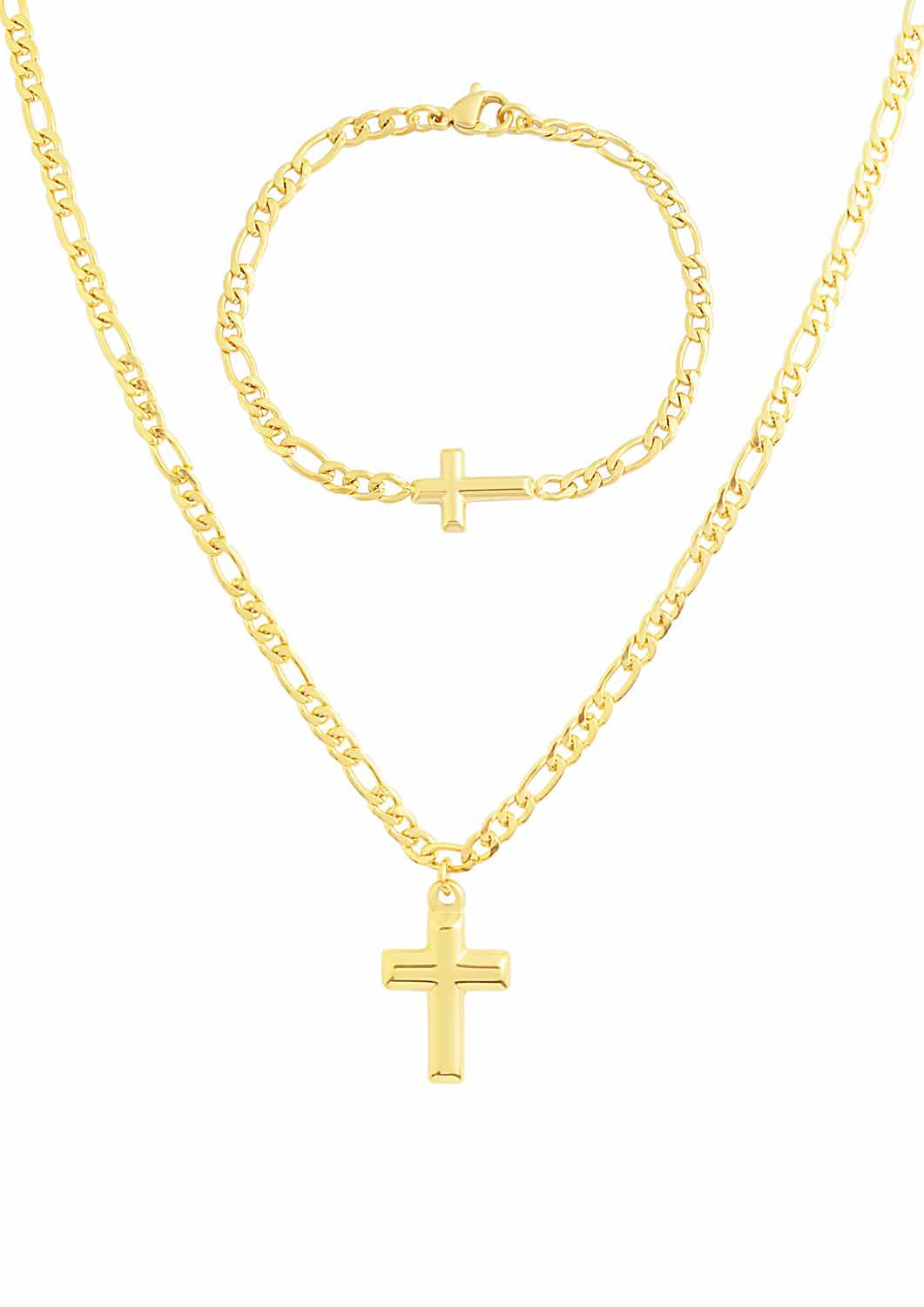 JOTW Small Gold Iced Out Jesus Cross Pendant with a 24 Inch 5mm Figaro Chain Necklace