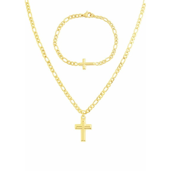 EDFORCE 20" WOMENS MENS Stainless Steel GOLD Figaro Link Chain Necklace Cross Pendant w/ Matching Figaro Link Bracelet Highly Polished Jewelry w/ Plain Classic GOLD Cross