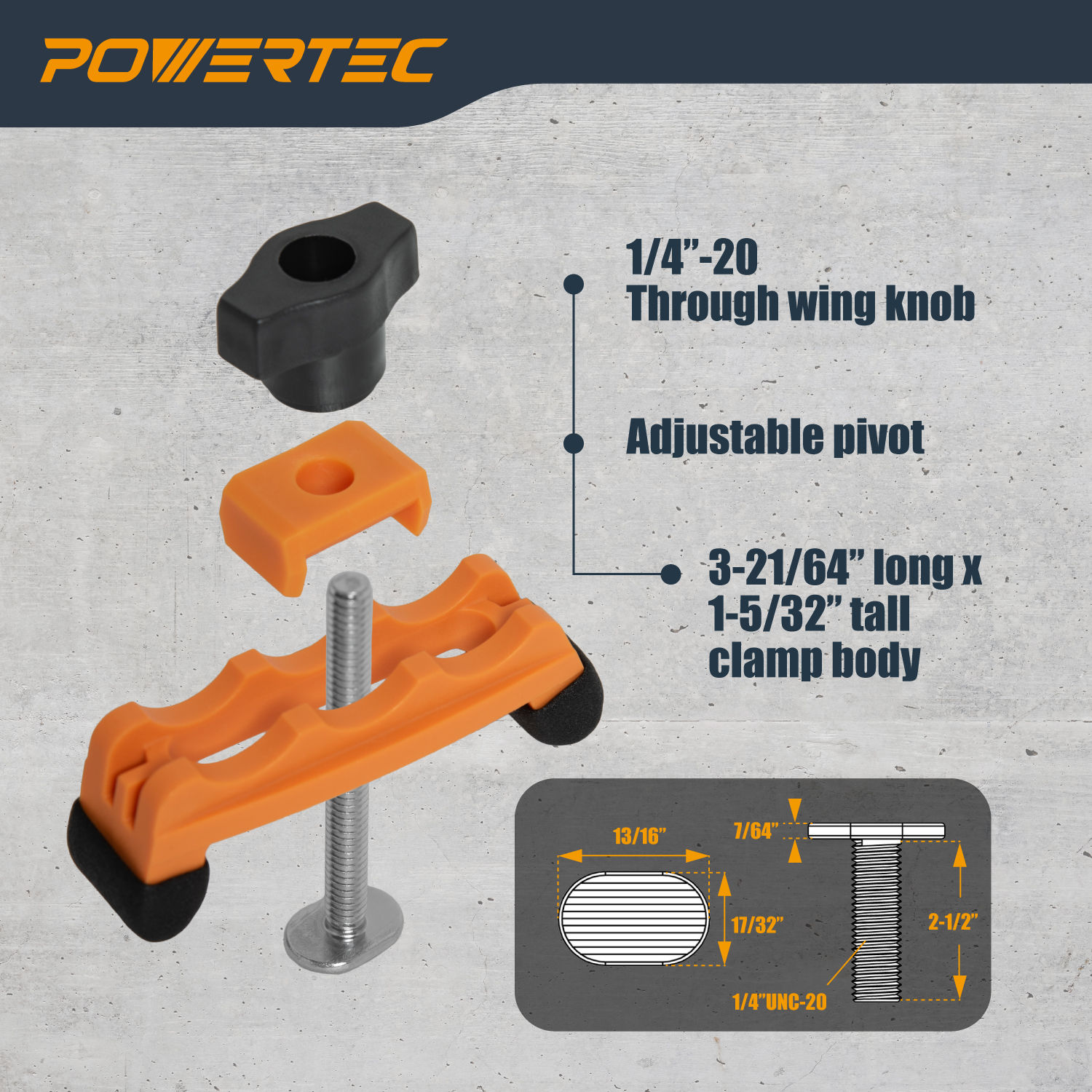 POWERTEC 2PK Adjustable Mini Hold Down Clamps, Multi-Positionable T Track Clamp, Reinforced Plastic Clamps with 1/4”- 20 Steel T Track Bolts for Drill Press, Router Table, CNC Machine & More (71786N)