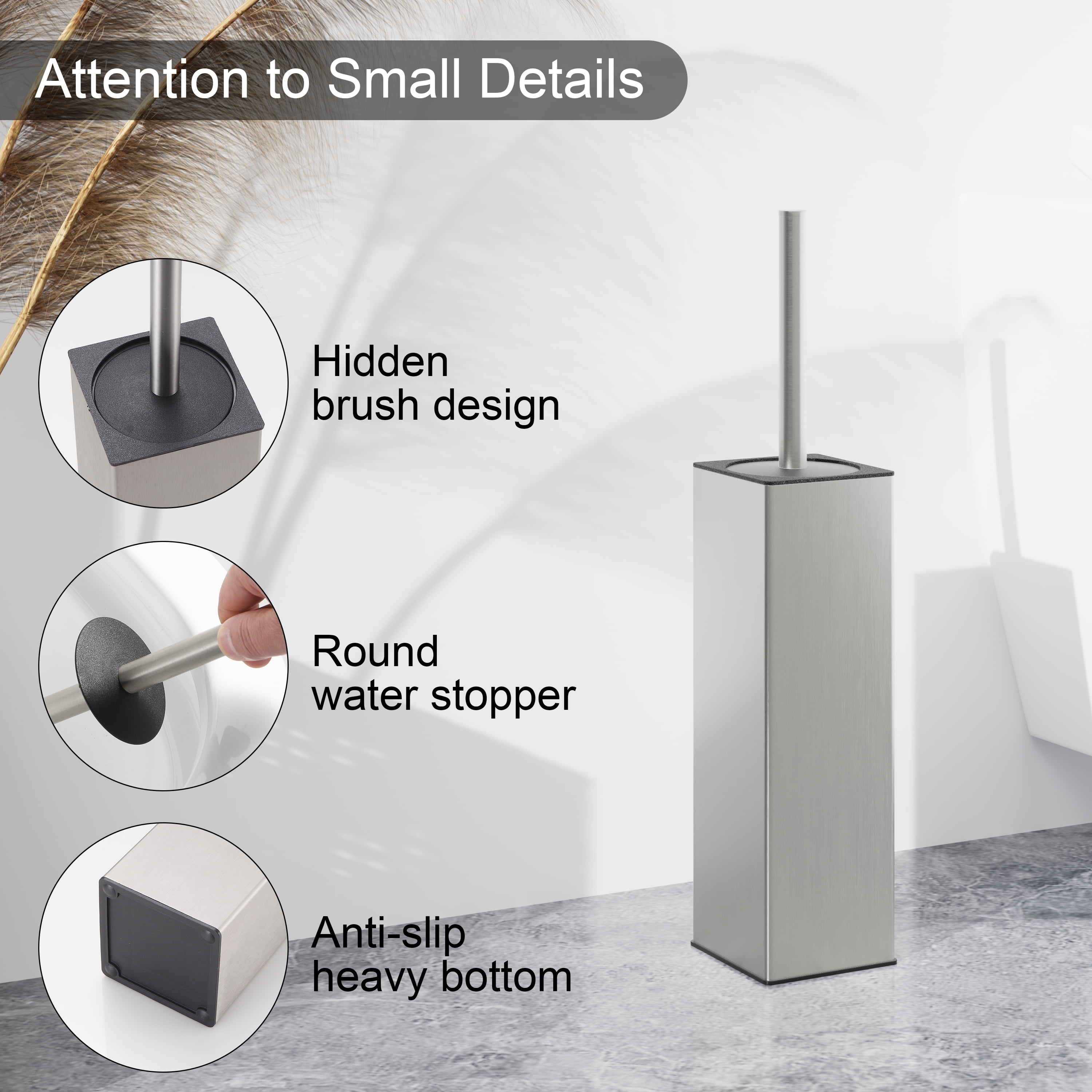 BGL Freestanding Aluminium Toilet Brush with Holder for Bathroom Storage and Organization Toilet Bowl Cleaner Brush and Holder, Square Design Sturdy and Space Saving (Brushed Nickel)