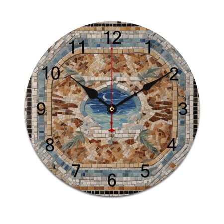 Silent Wall Clock 25cm/9.84in Round Wall Clock Mediterranean Style Mosaic Around Hanging Clock for Home Living Room Bedroom Kitchen Non Ticking Battery Operated Living Room Mute Clock