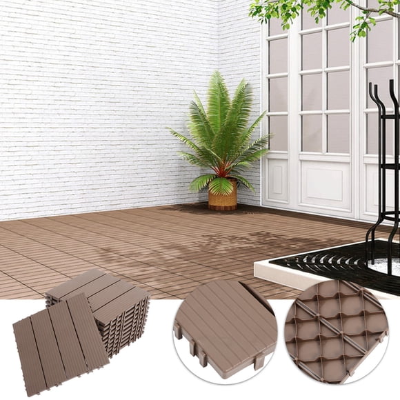KALLORY 11Pc Coffee Plastic Interlocking Deck Tiles Outdoor Patio and Garden Flooring with Easy Installation