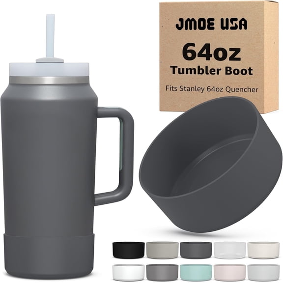 Jmoe USA Boot for 64oz Stanley Quencher H2.0 FlowState Tumbler With Handle | BPA Free Silicone | Sleeve Protector for Bottom of Cup | Protects Against Dents & Scratches (Charcoal)