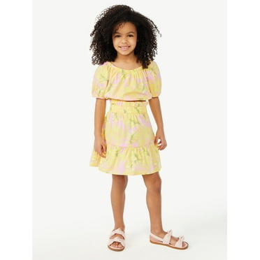 Scoop Girls Puff Sleeve Crop Top and Matching Ruffle Skirt, 2-Piece Outfit Set, Sizes 4-12