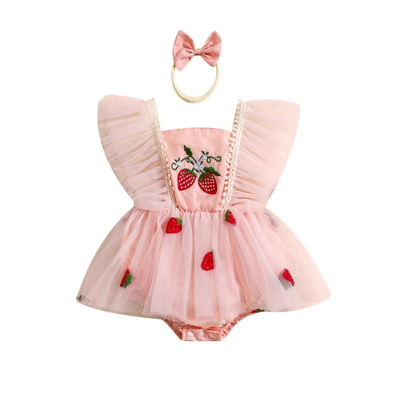 Aojekbee Baby Girls Summer Romper Dress Flying Sleeve Strawberry Embroidery Romper with Headband