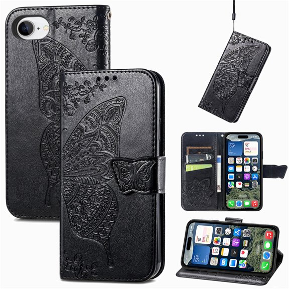 Butterfly Embossed Wallet Case for iPhone 16e/17e, PU Leather Flip Cover with Card Holder, Kickstand & Lanyard, Shockproof,,Black,For iPhone 16e/17e