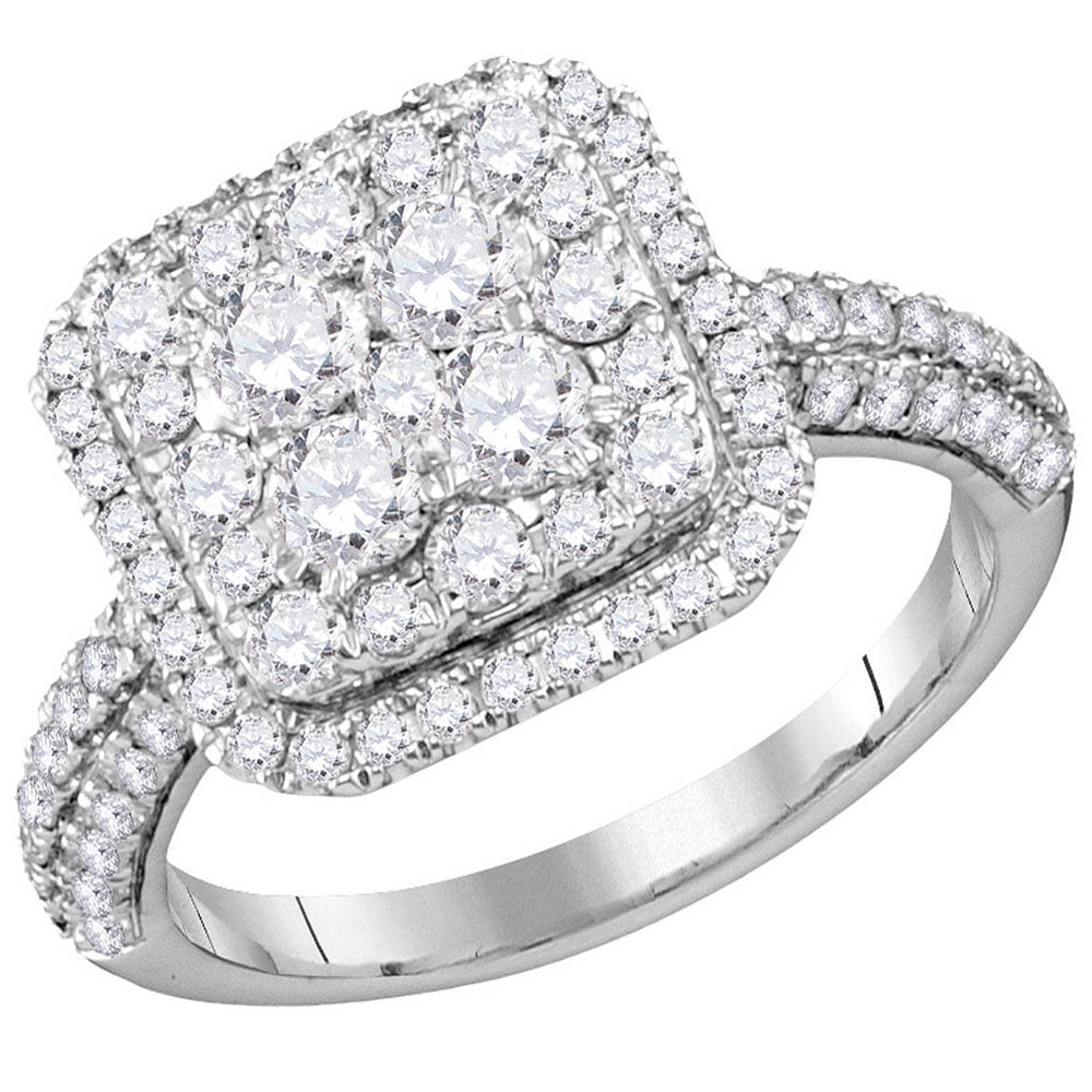 14kt White Gold Womens Round Diamond Square Cluster Bridal Wedding Engagement Ring 1-5/8 Cttw ...