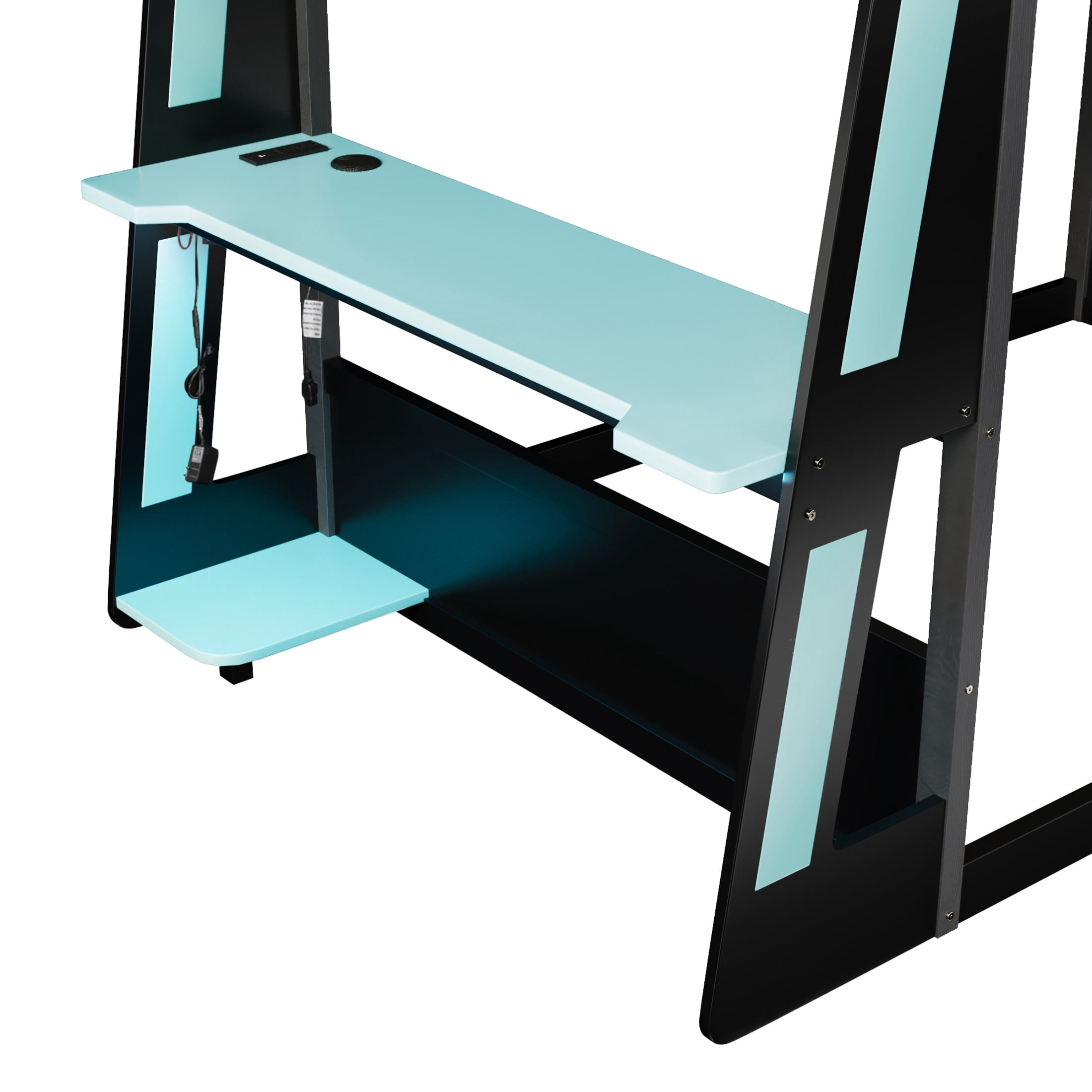 Noble House Nira Full Gaming Bunk Bed with Desk and LED Lights, Wood Loft Bed with Charging Ports, Black and Blue