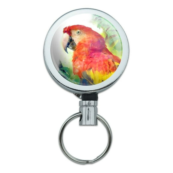 Rainforest Macaw Parrot Tropical Watercolor Heavy Duty Metal Retractable Reel ID Badge Key Card Tag Holder with Belt Clip