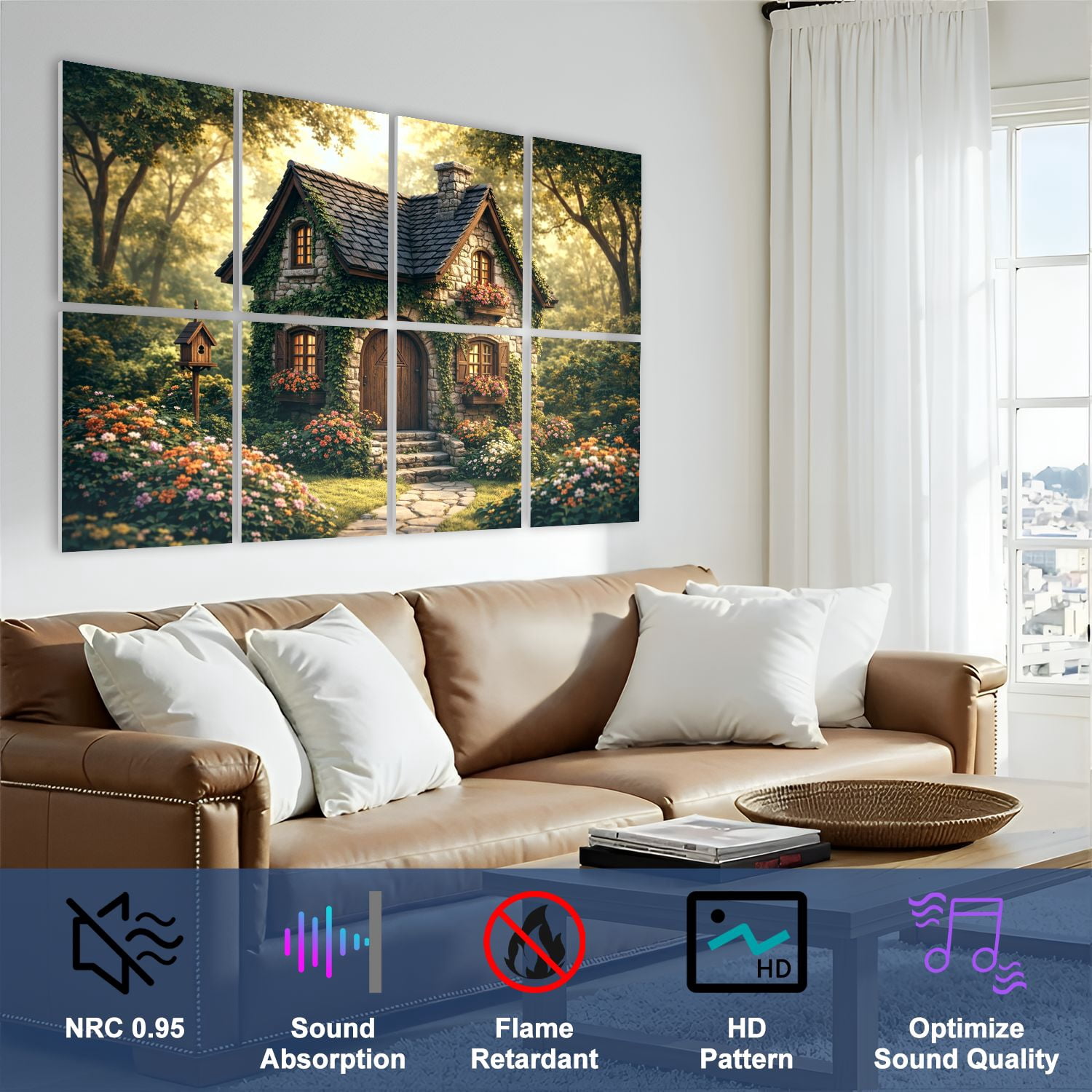8 Pack Art Acoustic Panels Sound Absorbing Charming Surrounded by Greenery Colorful Decorative Soundproof Wall Panels Self Adhesive for Nursery Game Room Bedroom 48"x32"