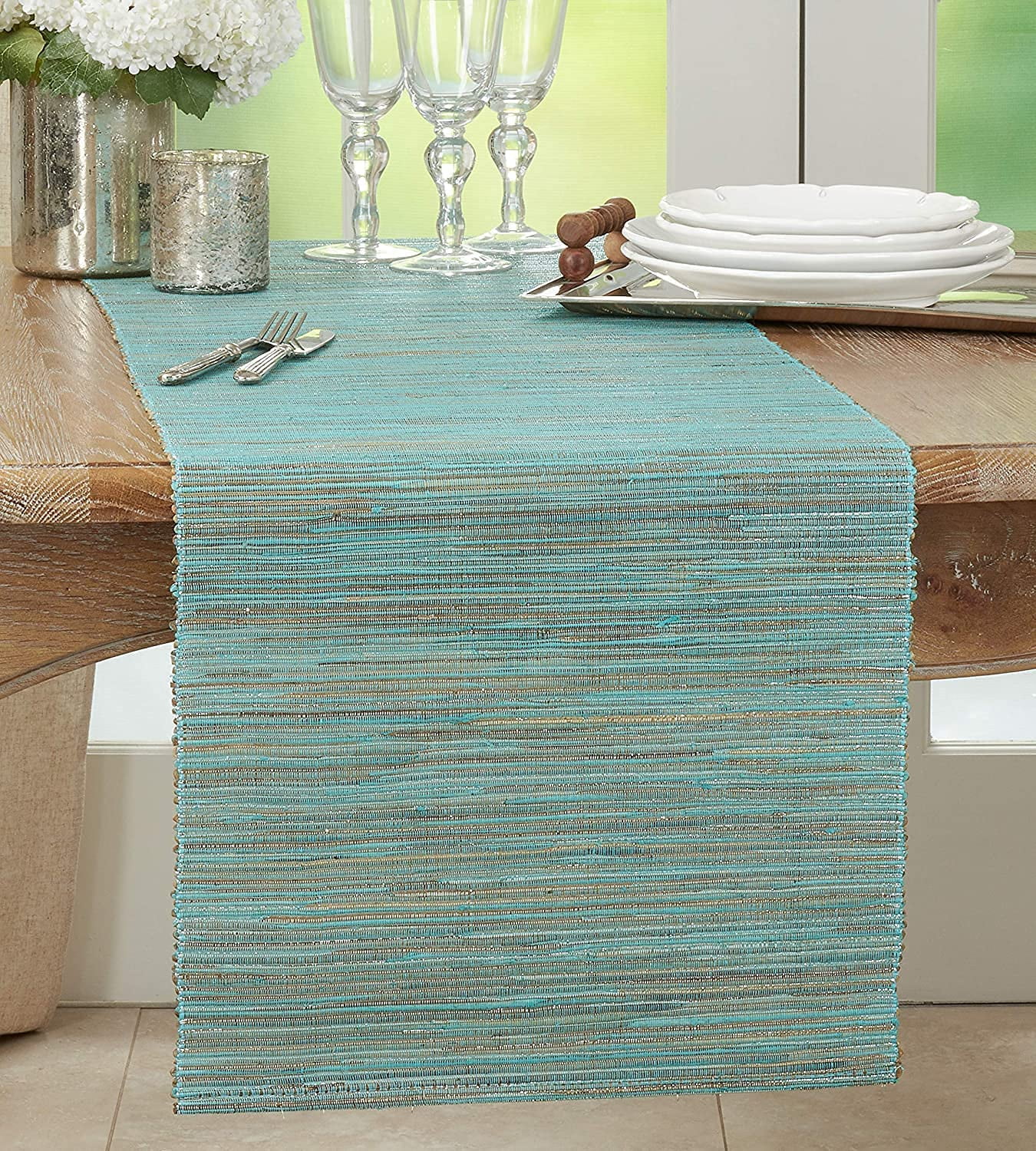 Turquoise Jute Woven Table Runner with Shimmering Texture