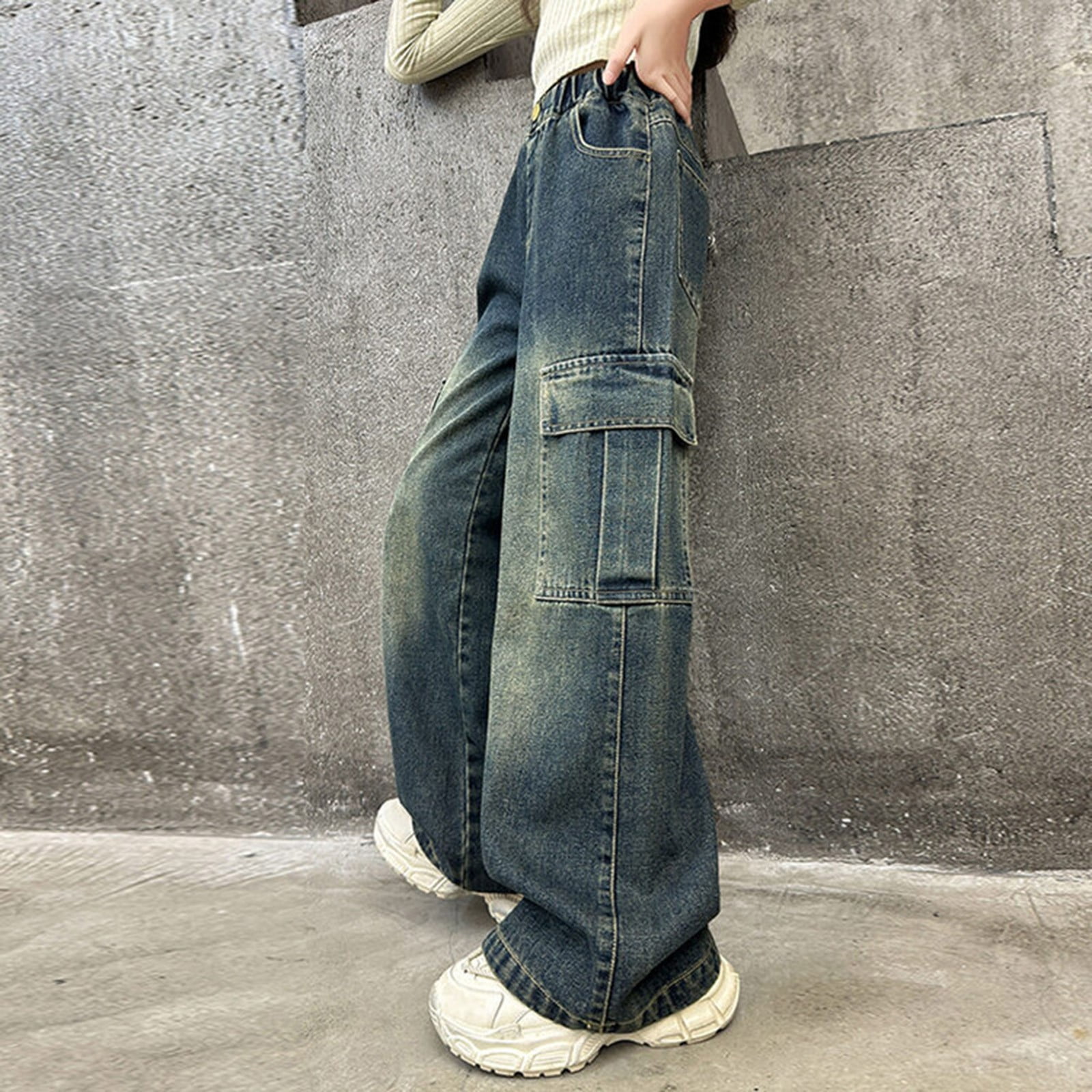 ZACPNCV Girls Baggy Jeans Streetwear Denim Cargo Pants Kids Distressed Elastic High Waist Wide Leg Clothes Multiple Pockets 9-10 Years