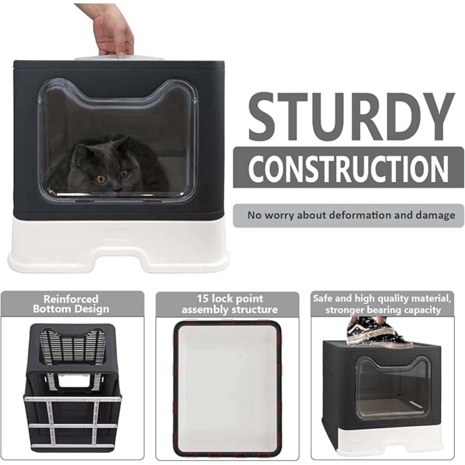 Cat Litter Box with Lid, Enclosed Potty, Large Top Entry Anti-Splashing Toilet, Easy to Clean Including Litter Scoop and 2-in-1 Cleaning Brush (Black)