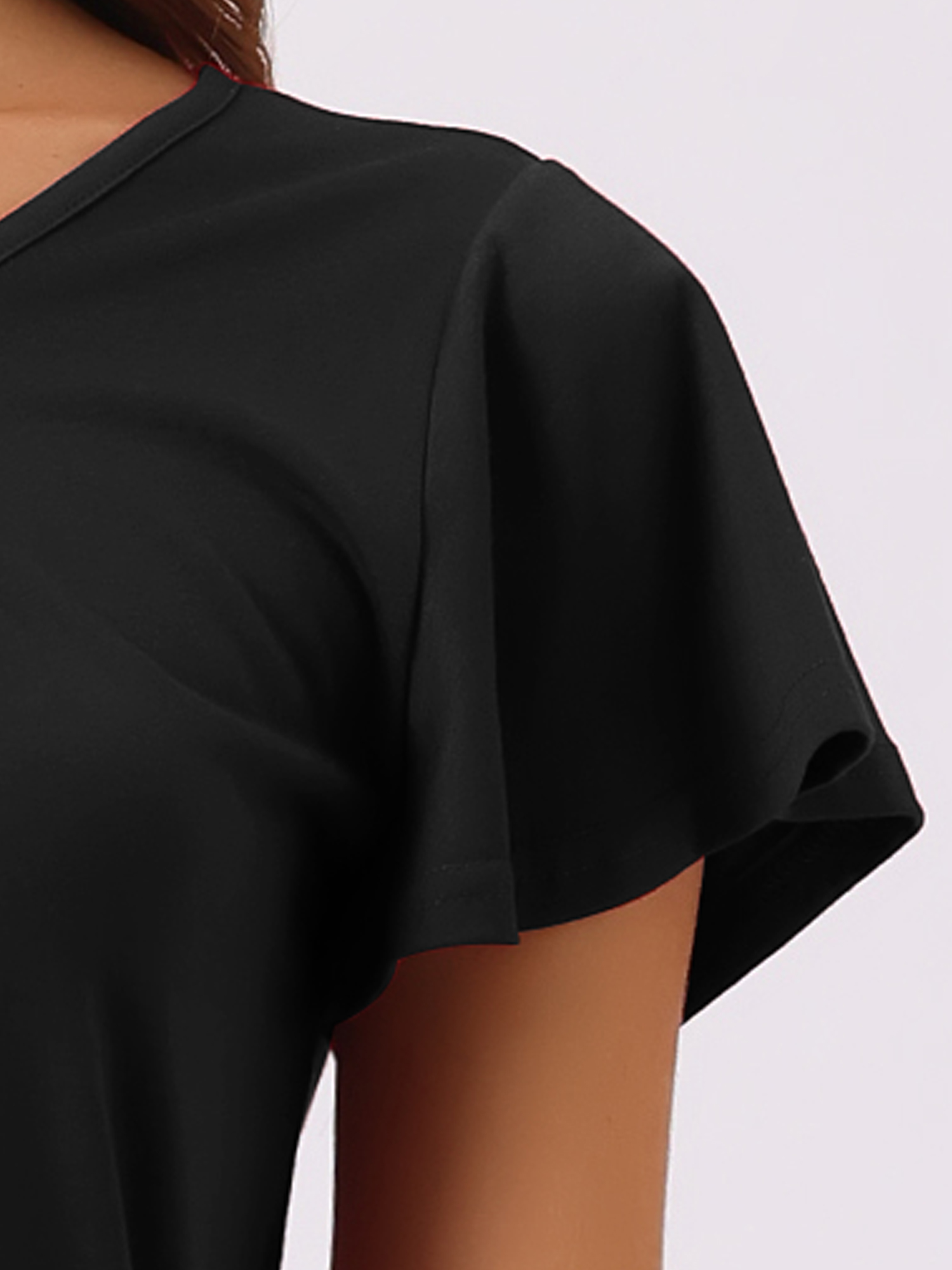 DARING DIVA Women's Short Sleeve Soft Knit V Neck Ruffled Pajama Tops XS Black