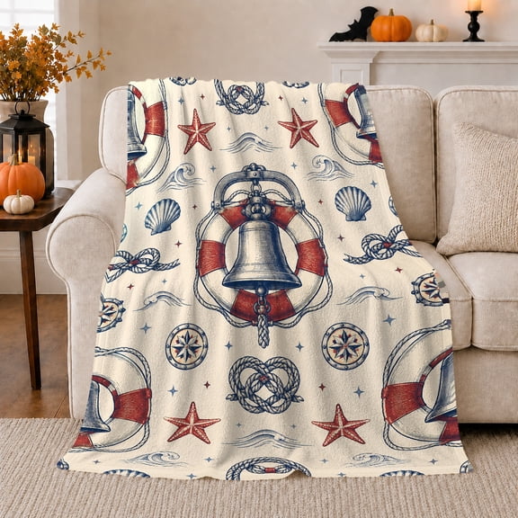 Vintage Nautical Maritime Inspired, Cozy Coastal Landscape Scene, Warm Flannel Blanket for Beach House and Living Room, Beach Lovers Housewarming Gift, Coastal Home Decor