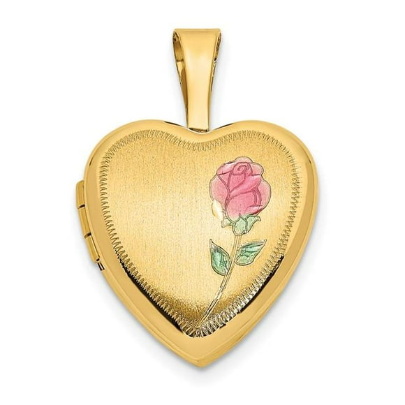 Quality Gold XL798 14K Yellow Gold 12 mm Satin with Enamel Rose Heart Locket Pendant