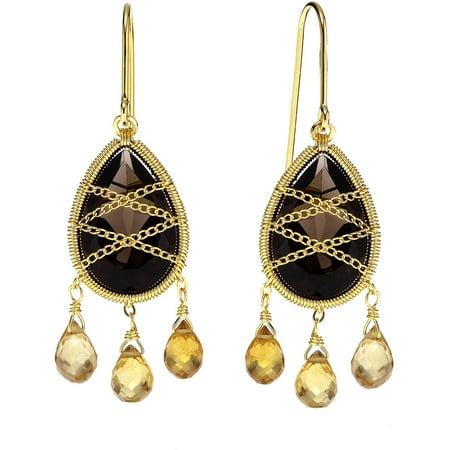 5th & Main 18kt Gold over Sterling Silver Hand-Wrapped Teardrop Chandelier Smokey Quartz and Citrine Stone Earrings