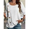 thumbnail image 5 of Women'S Round Neck Short Sleeve Cotton and Linen Button Fashion Casual Top Loose Formal Work T-Shirt White XL, 5 of 7