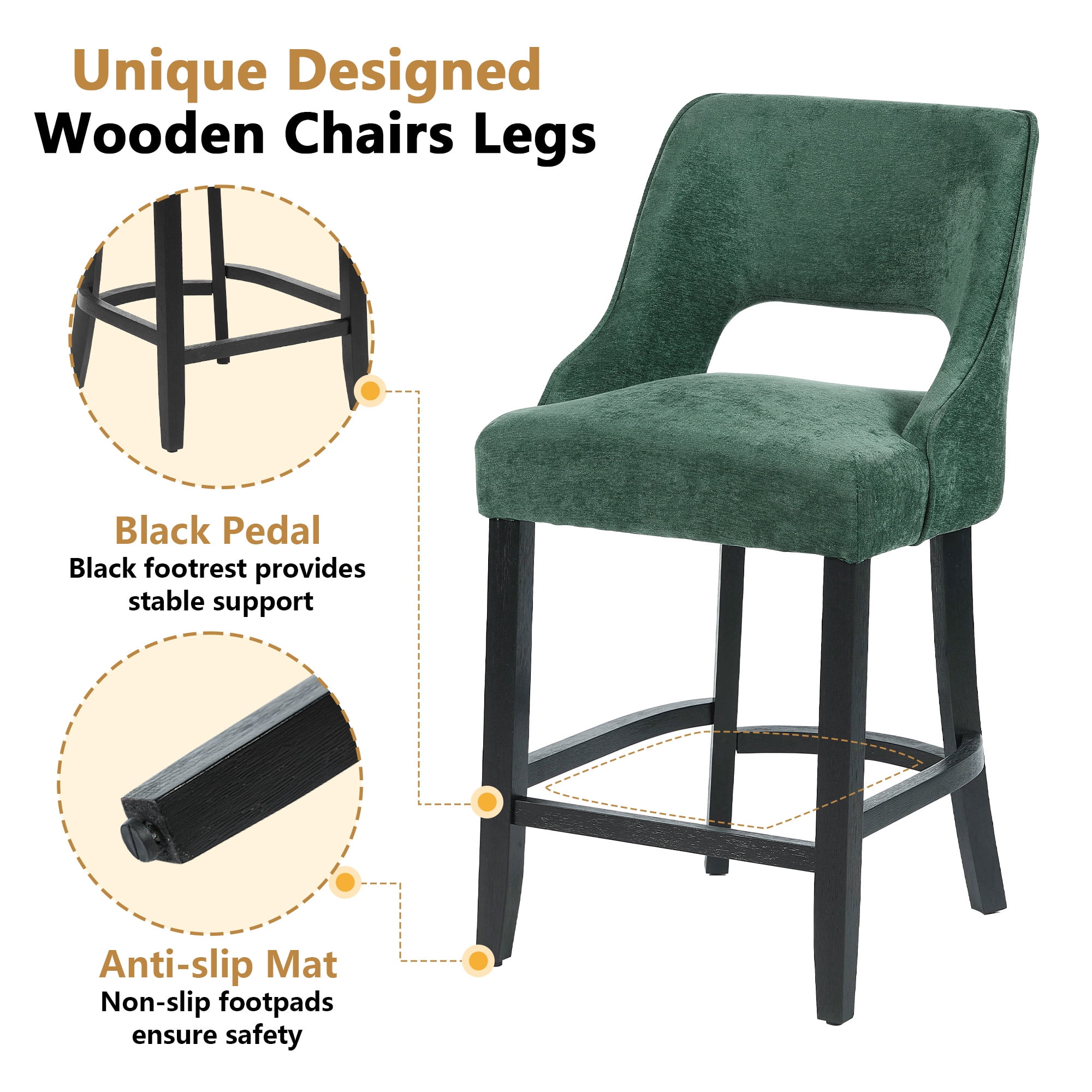 ClinQ 26'' Counter Height Bar Stools Set of 4, Upholstered Bar Stools With Black Curved Footrest， Modern Counter Stools with Back for Kitchen Island ，Green