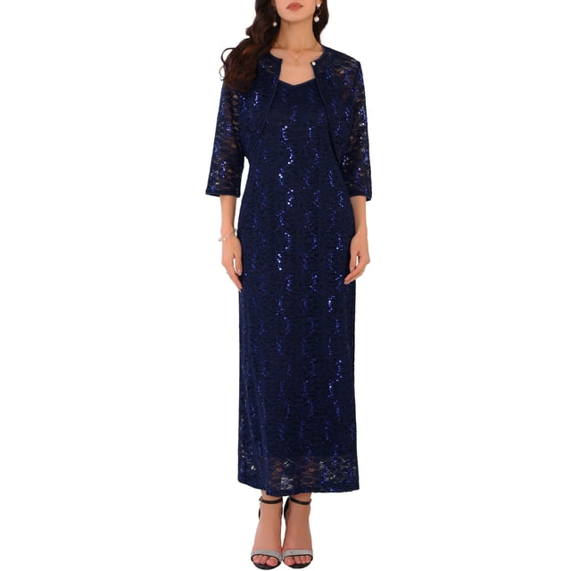 INSPIRE CHIC Conjuntos de Vestido de Dos Piezas con Lentejuelas para Mujeres, Vestidos de Cóctel de Encaje con Tirantes Espagueti y Cárdigans Cortos en Azul Marino