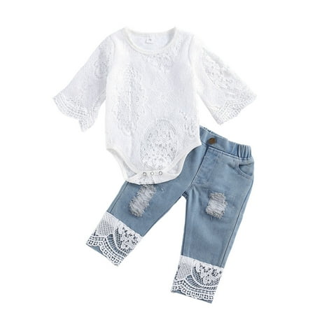 

WakeUple Summer Baby Girls Long Sleeve Lace Romper Suit Triangle White Neck Lace Top Long Jeans Denim Pants 2Pcs Set