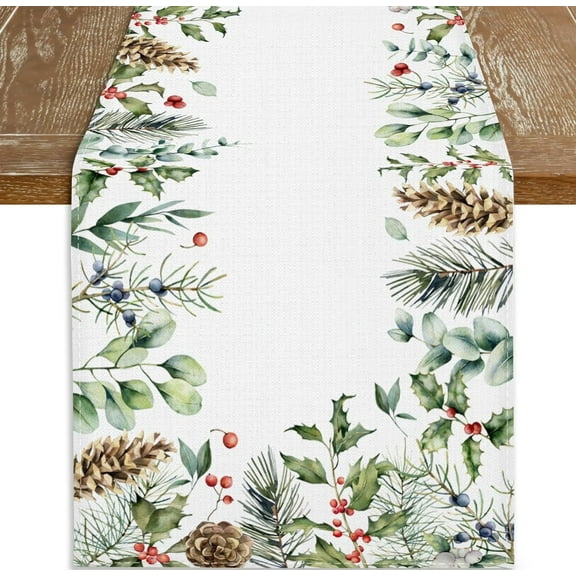 13 x 72 Inch Merry Christmas Table Runner for Party Decorations, Holly Pine Cone Xmas Table Runners, Seasonal Winter Kitchen Dining Table Runner for Home Decor